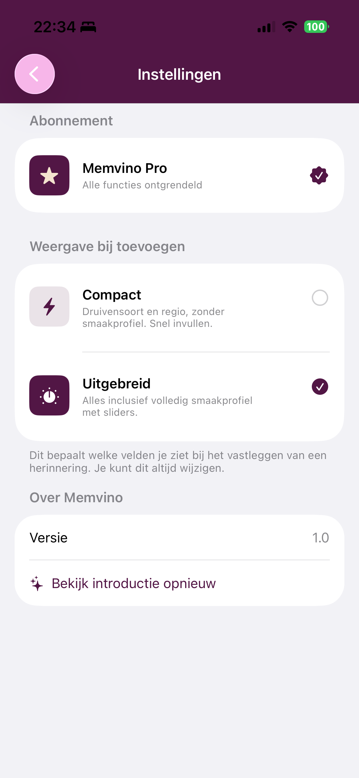 Memvino — Instellingen